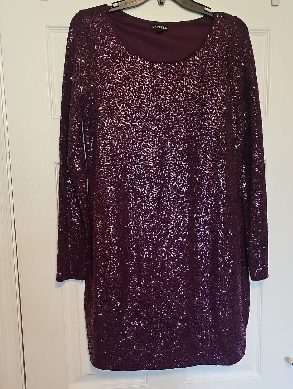 Express Women's Plum Sequin Long Sleeve Shift Dress